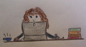 This image I drew of myself takes in the life of a writer - a computer, books and a hot cuppa. :)